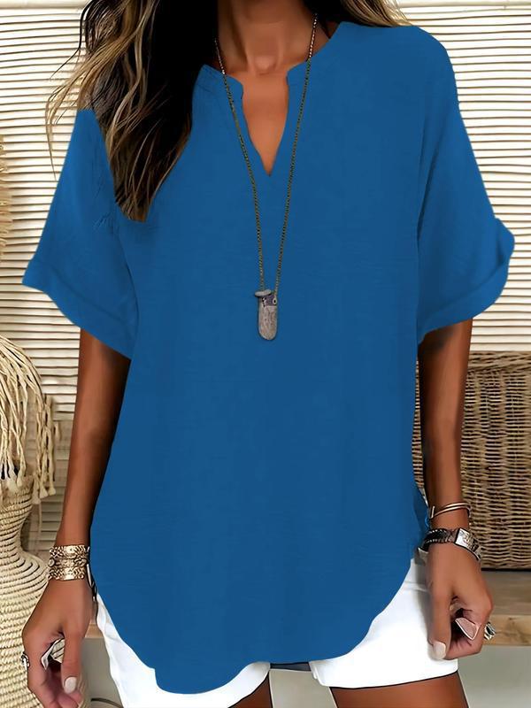 📦📦LAST DAY SAVE 49% ⏰Women's Plain Short Sleeve Blouse, Casual Solid Color Top for Daily Wear, Ladies Clothes for All Seasons