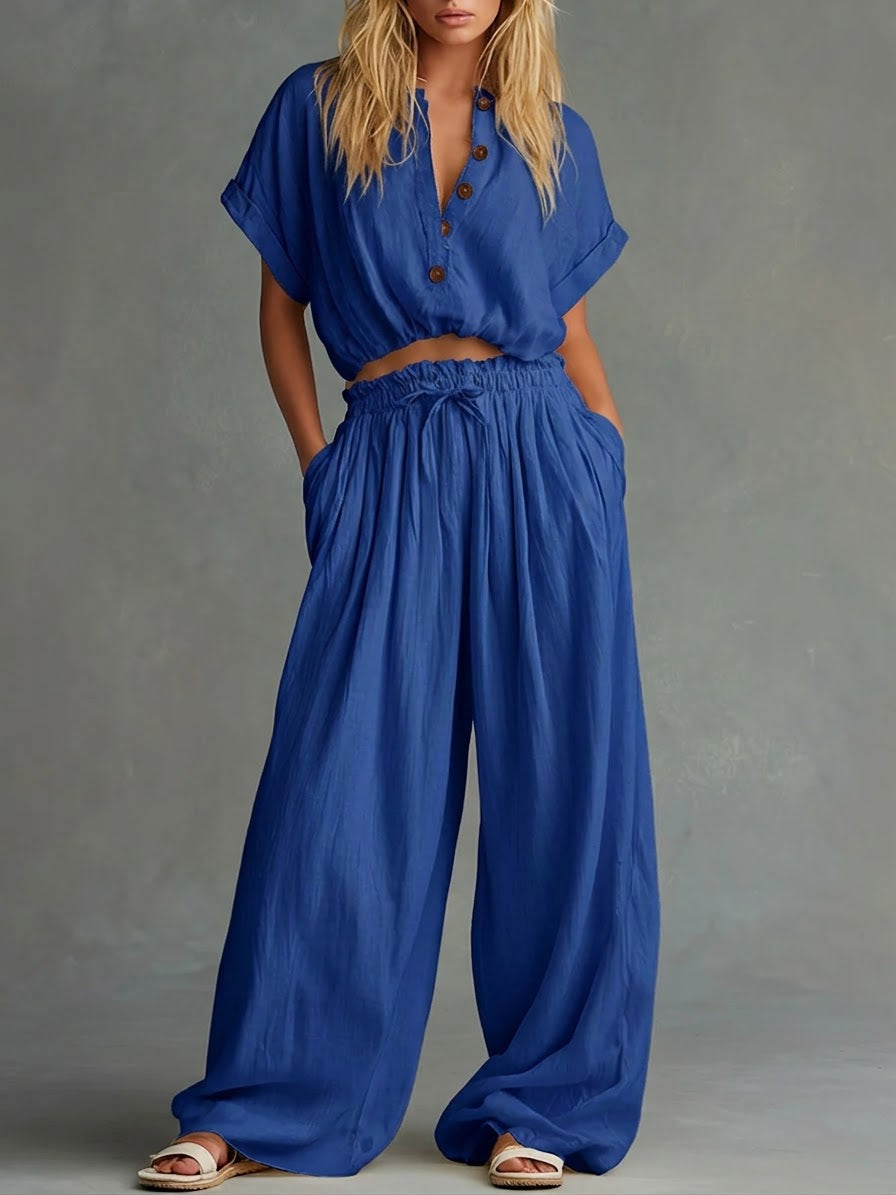 Casual Linen And Cotton Short-sleeved Top And Pants Two-piece Set