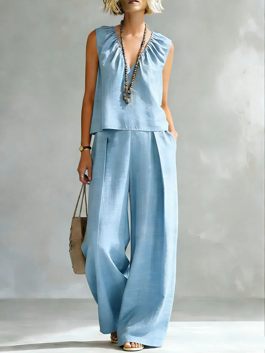 Women's Ruched V-neck Sleeveless Top And Pants Set