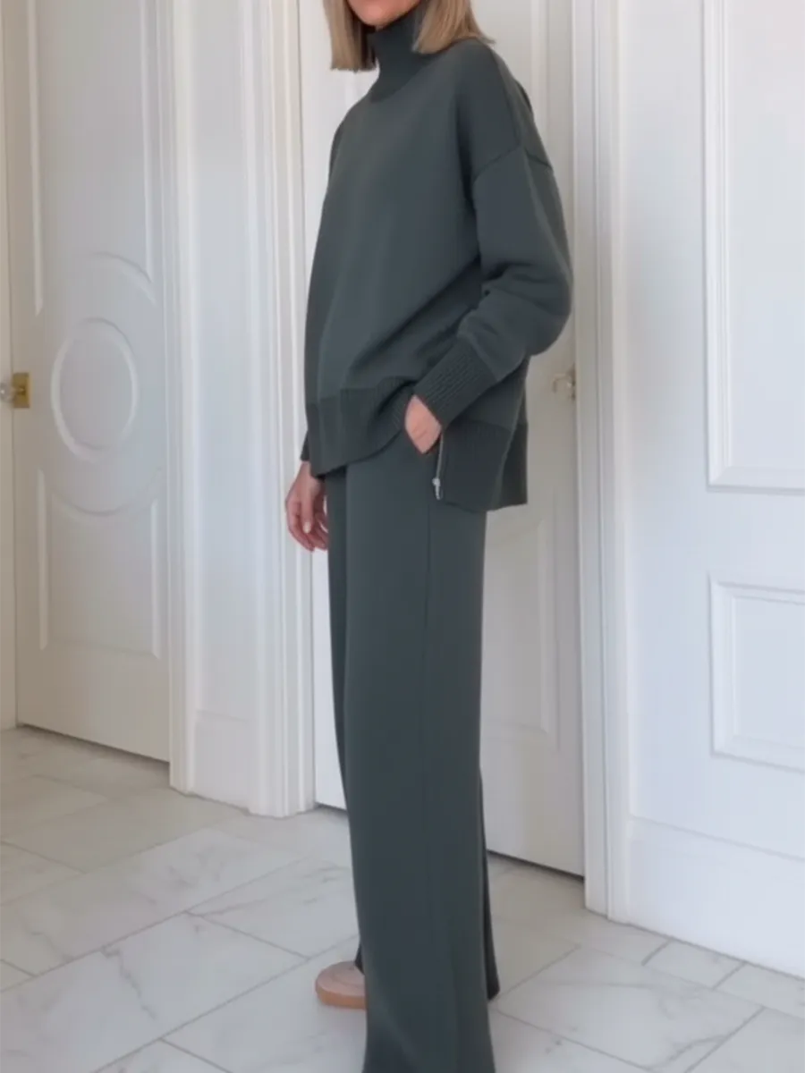 ✨✨Casual Travel Stand Collar Side Zipper Top Straight Pants Two-Piece Set