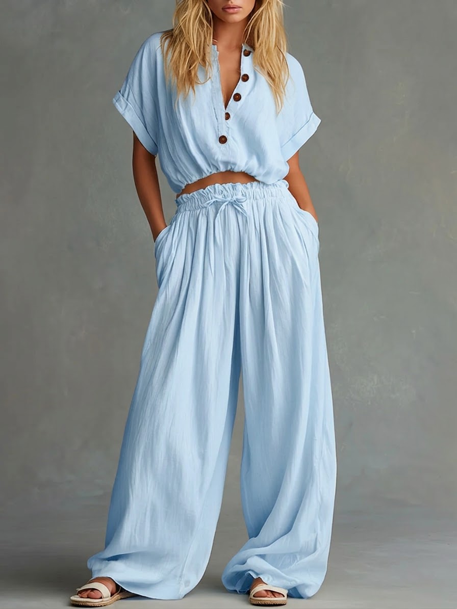 Casual Linen And Cotton Short-sleeved Top And Pants Two-piece Set