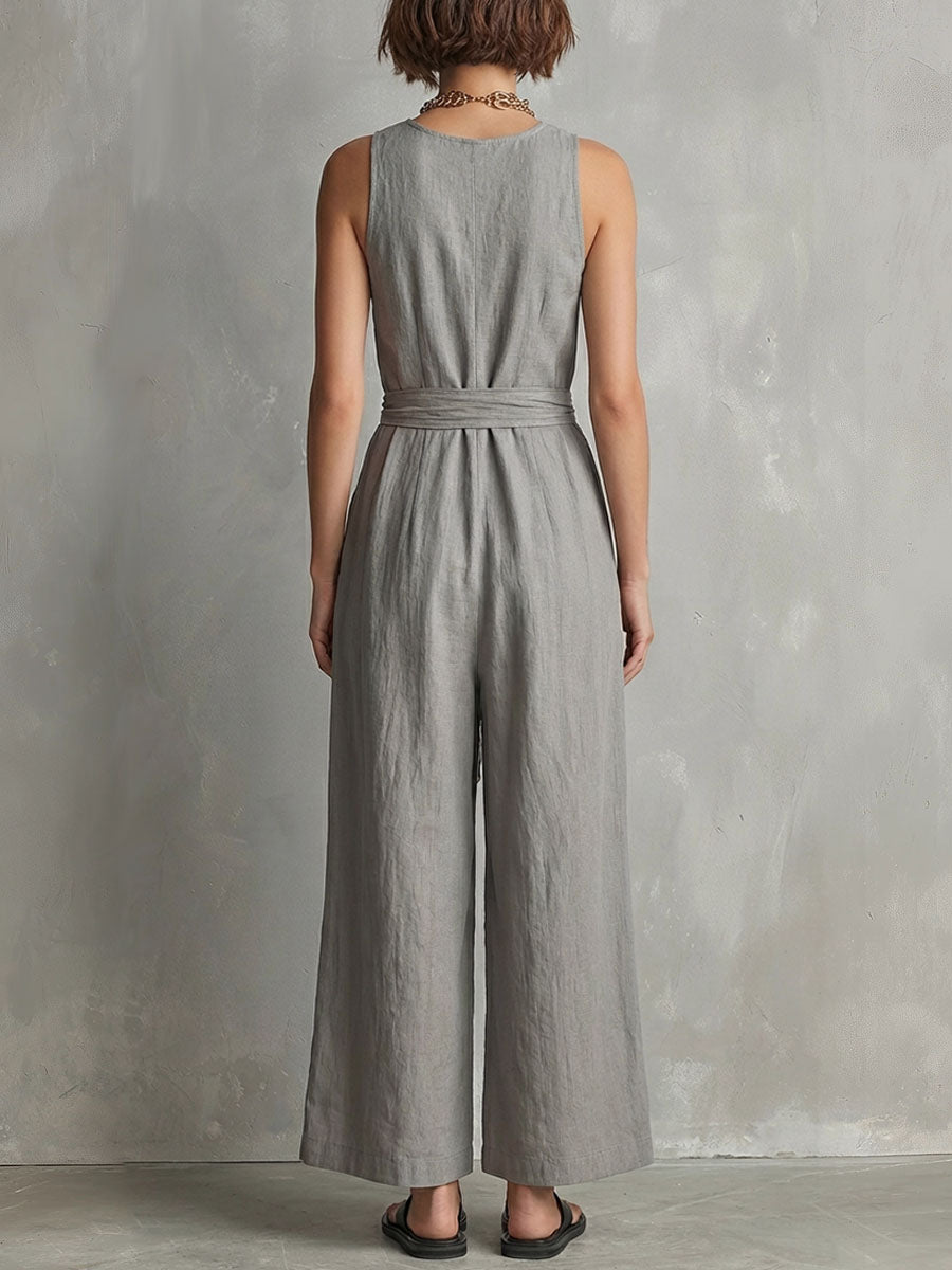 ☀️ Cotton Linen Jumpsuit | V-Neck Sleeveless Wide-Leg Fit