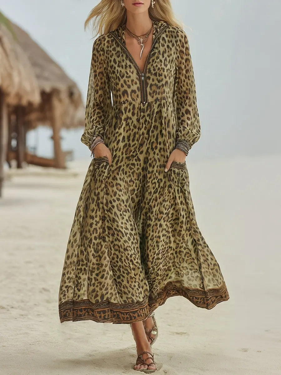 📦📦LAST DAY SAVE 49% ⏰Women's Retro Casual Leopard Print Art Hooded Midi Dress