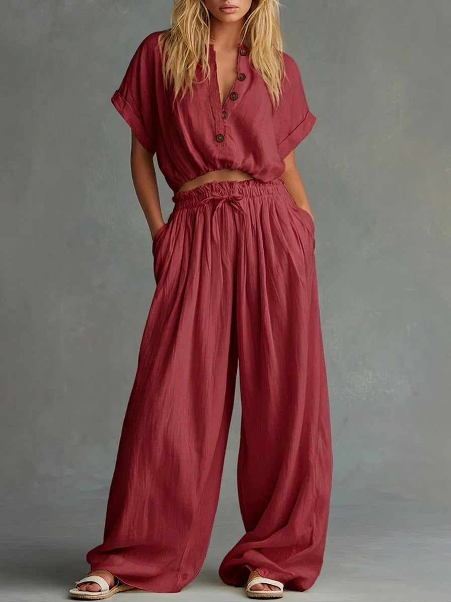 Casual Linen And Cotton Short-sleeved Top And Pants Two-piece Set