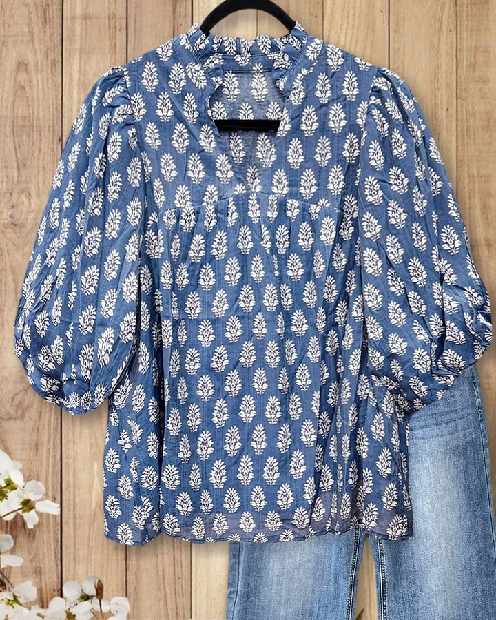 🌸Floral Print V Neck Puff Sleeve Relaxed Blouse