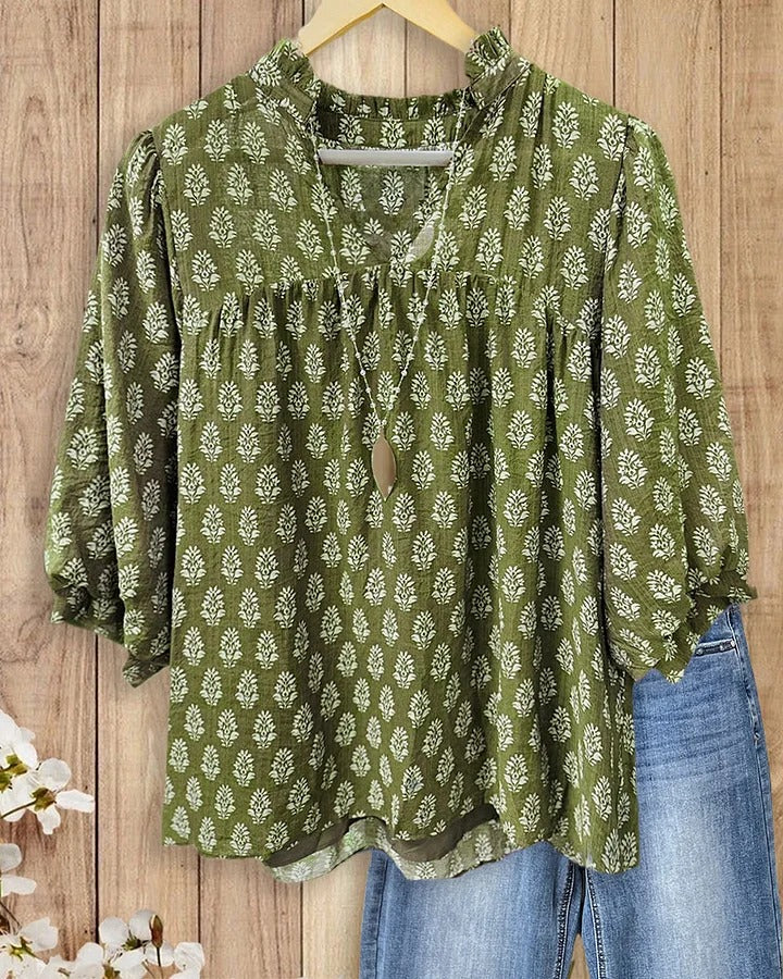 🌸Floral Print V Neck Puff Sleeve Relaxed Blouse