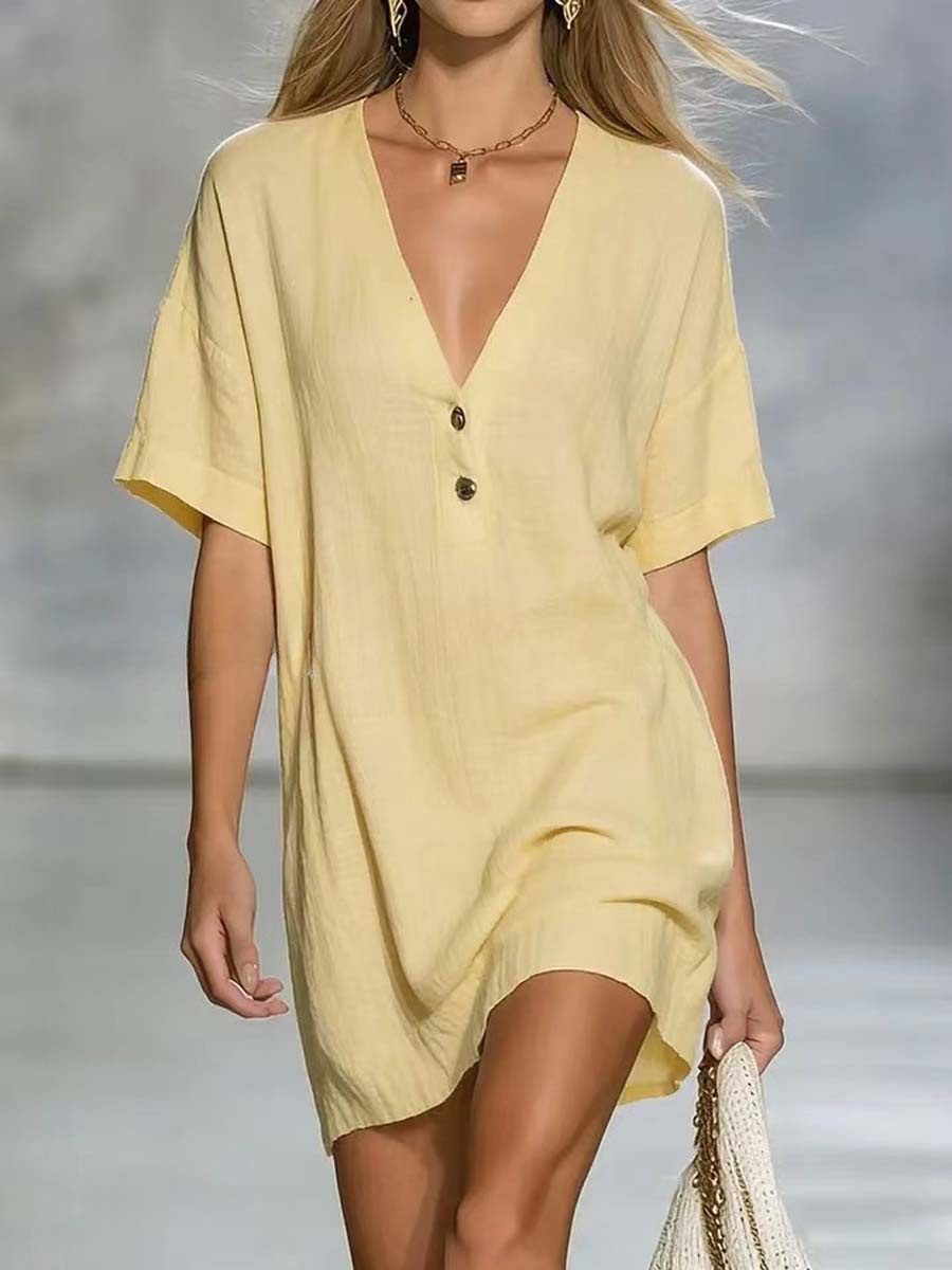 🎁New Arrivals🔥Women's Solid Color Art Casual Sexy V-Collar Short Dress