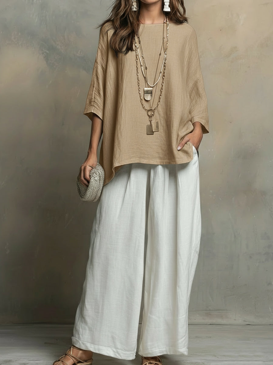 💎💎Cozy Cotton-linen Irregular Top And Wide-leg Pants Two-piece Set