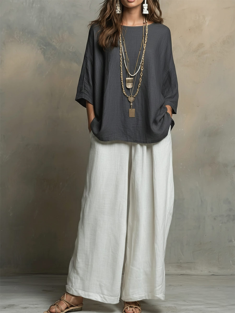 💎💎Cozy Cotton-linen Irregular Top And Wide-leg Pants Two-piece Set