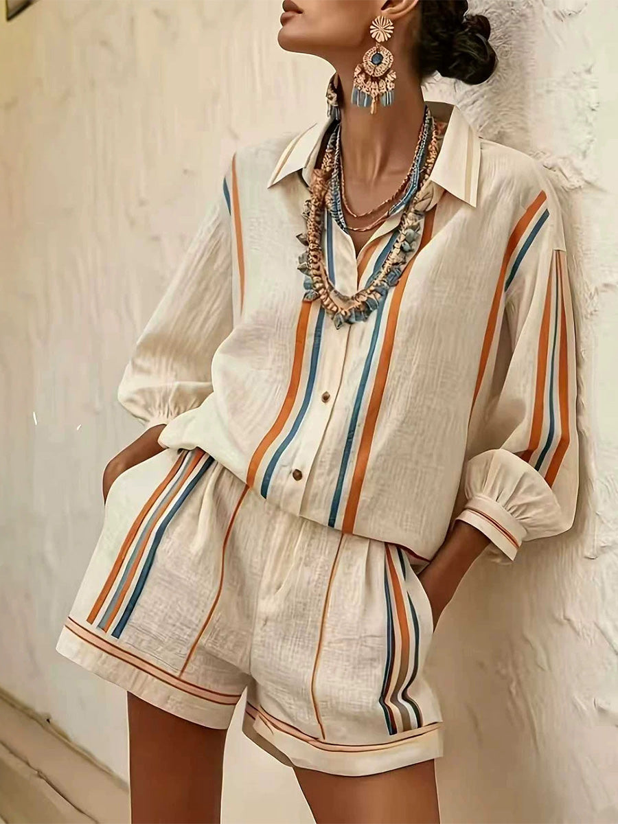 🎁New Arrivals🔥Apricot & Contrasting Vertical Stripe Cotton-linen Shirt + Shorts Two-piece Set