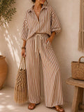 📦📦LAST DAY SAVE 49% ⏰Women's Striped Print Cotton-linen Set: Loose-fit Top With Lapel & 3/4 Sleeves, And High-waisted Wide-leg Pants
