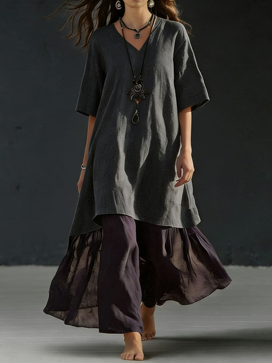 Women's Casual V-neck Three-quarter Sleeve Color-blocked Dress