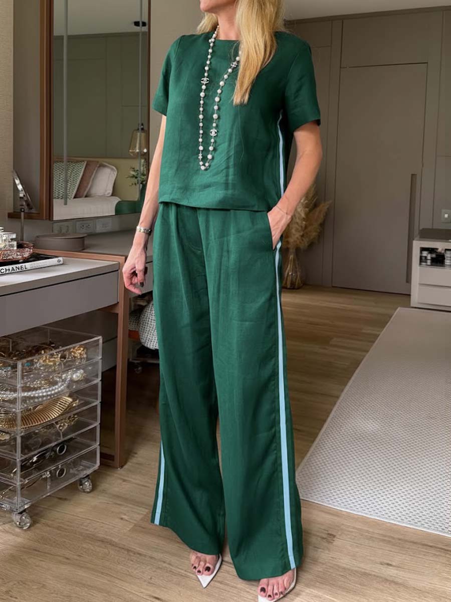 Women's Round Neck Short Sleeve Casual Loose Top High Waist Casual Loose Wide Leg Pants Cotton Linen Set