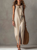 Women's Round-neck Sleeveless Tie-waist Cotton-linen Dress