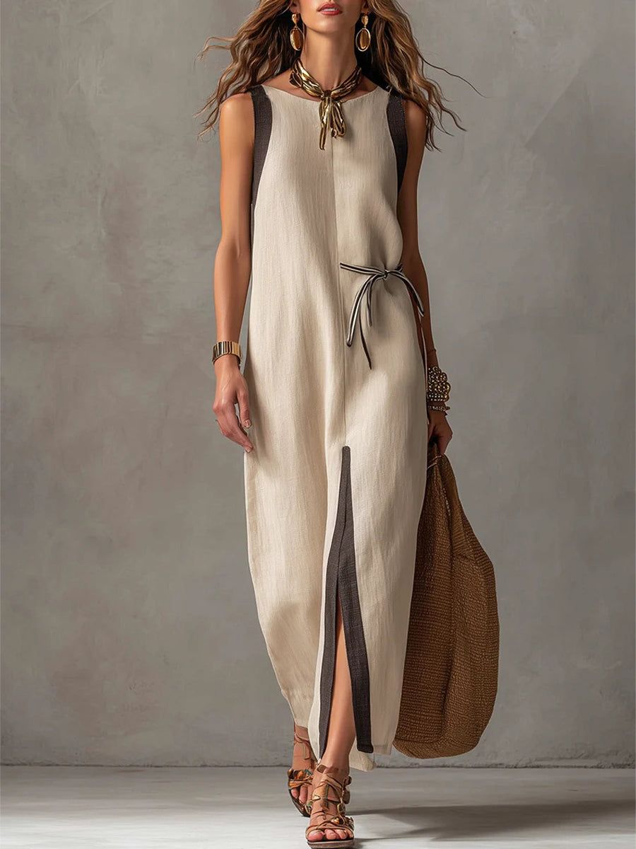 Women's Round-neck Sleeveless Tie-waist Cotton-linen Dress