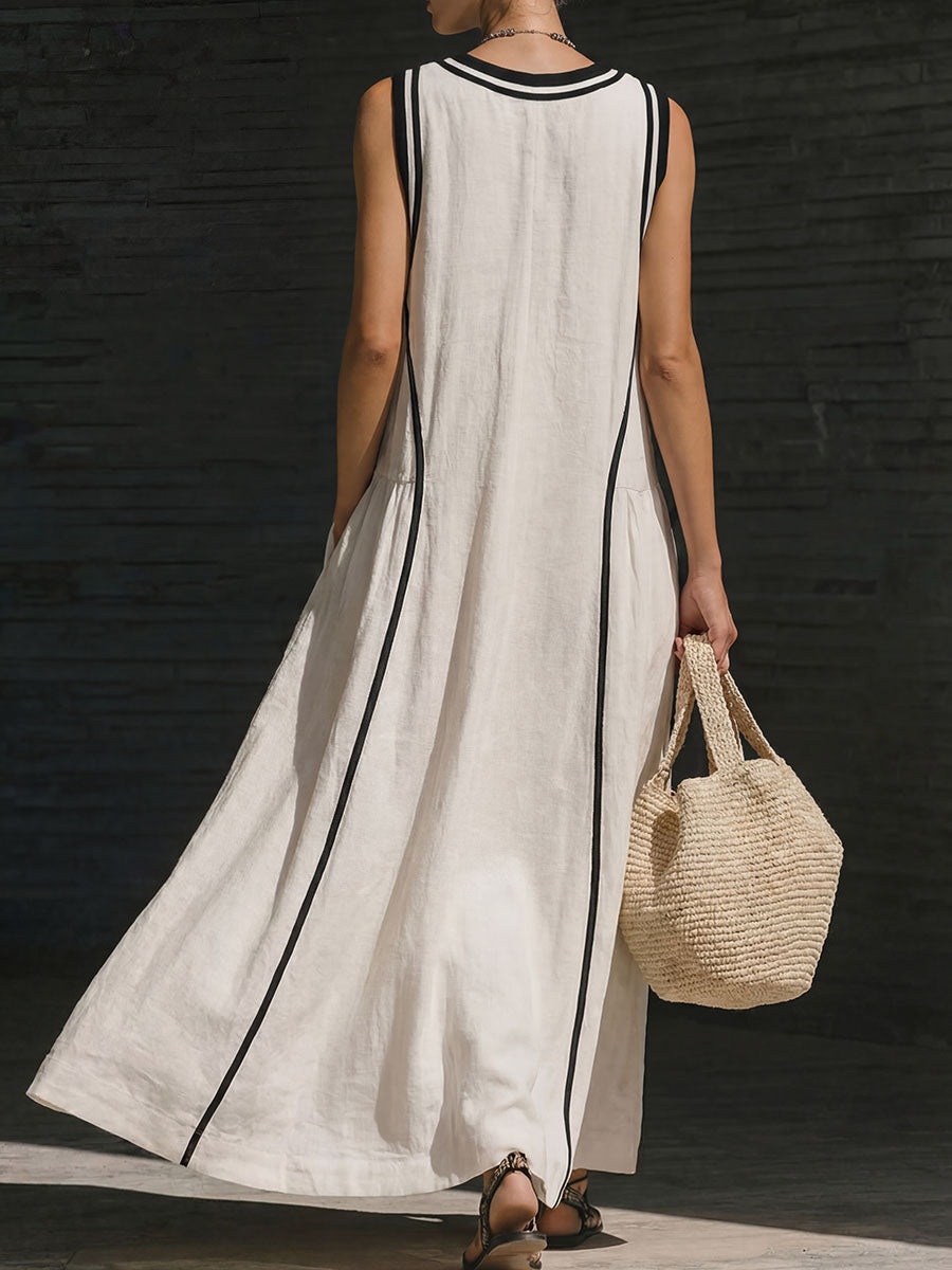 Women's V-neck Sleeveless Casual Loose Cotton-linen Dress
