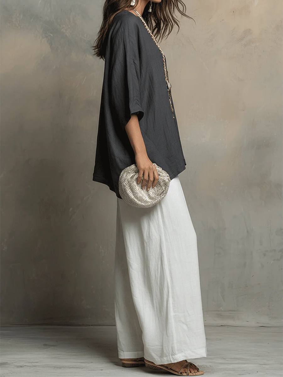 💎💎Cozy Cotton-linen Irregular Top And Wide-leg Pants Two-piece Set