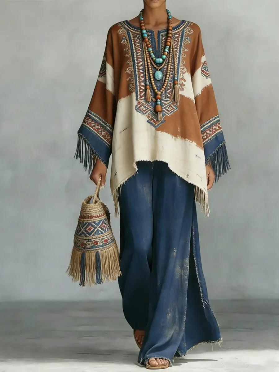 Women's Vintage Ethnic Pattern Art Print Casual Wide-leg Pants Two-piece Denim Suits