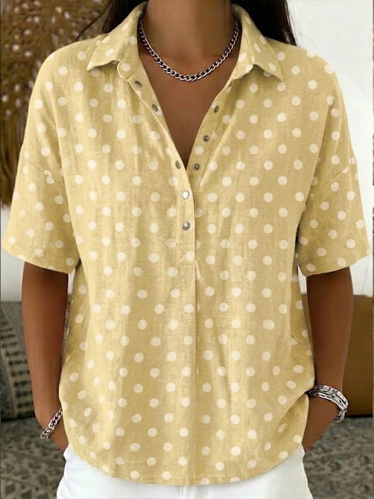 🎁New Arrivals🔥Casual Polka Dots Polo Collar Short-sleeved Linen And Cotton Shirt