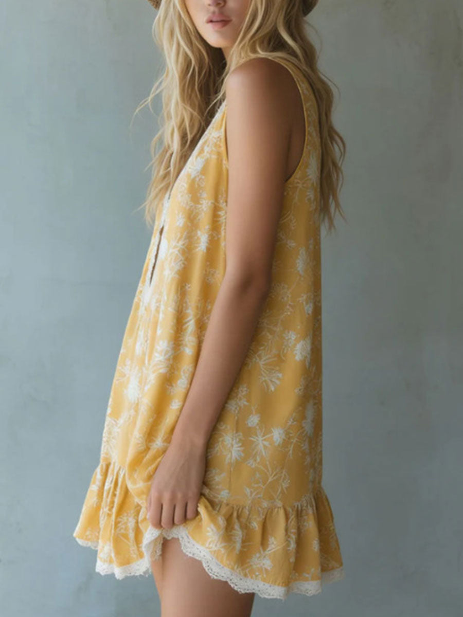 💝💝Women's Yellow Printed Silk-blend Sleeveless Mini Dress With Lace Trim And V-neck