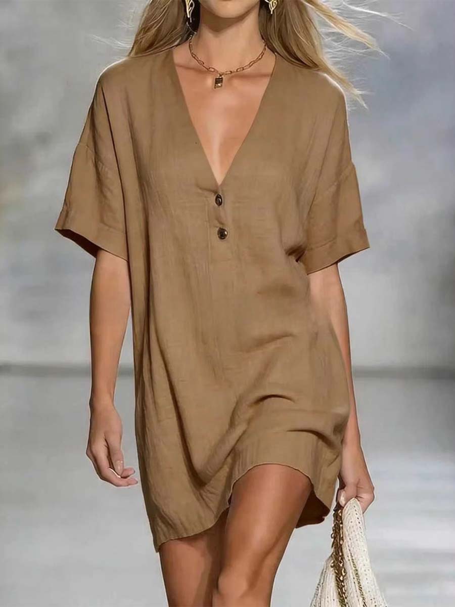🎁New Arrivals🔥Women's Solid Color Art Casual Sexy V-Collar Short Dress