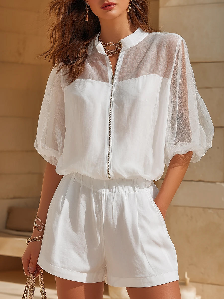 Sheer Mesh Sleeve Cotton Linen Casual Set