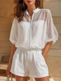 Sheer Mesh Sleeve Cotton Linen Casual Set
