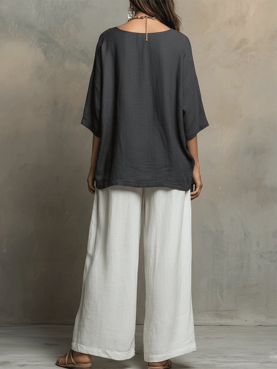 💎💎Cozy Cotton-linen Irregular Top And Wide-leg Pants Two-piece Set