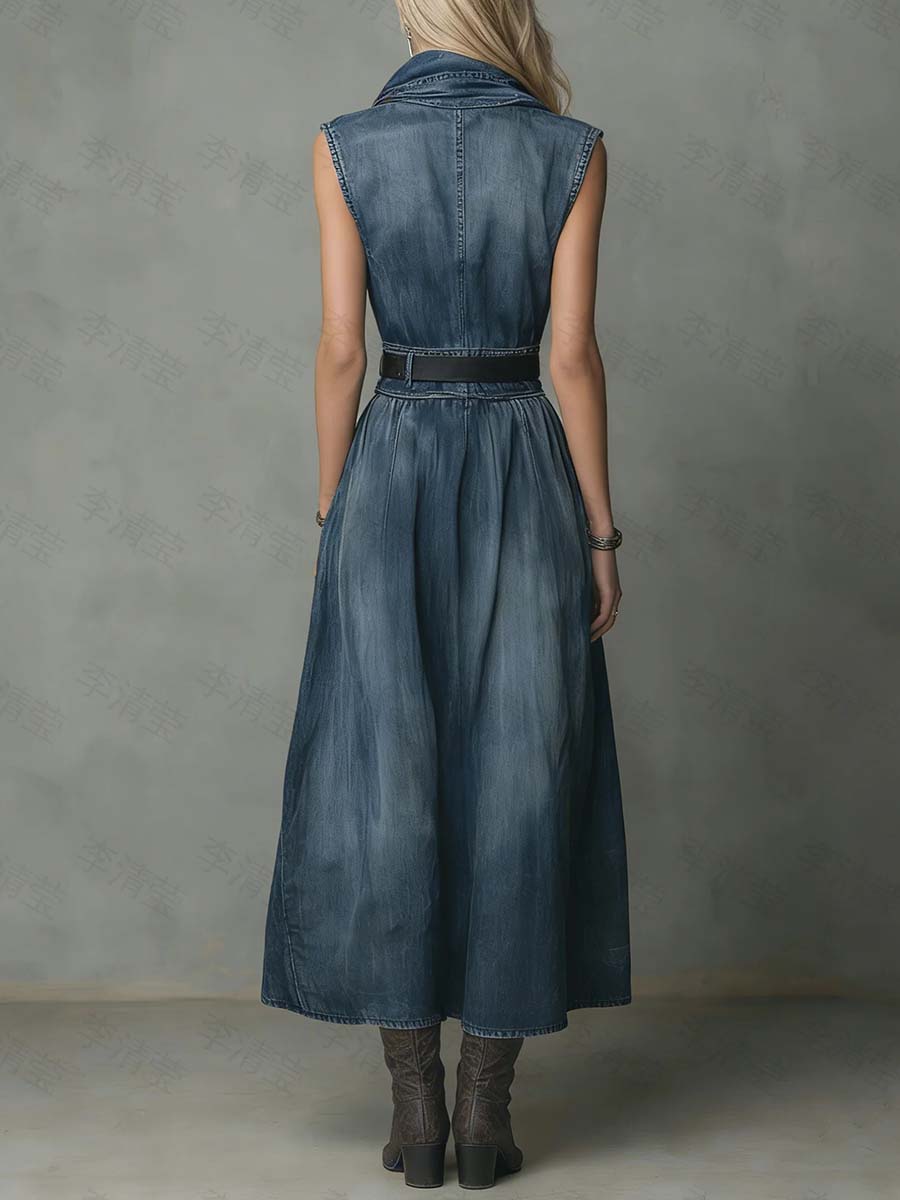 💎Free Shipping💎Women's Sleeveless Casual Loose Denim Dress With A Ruffled Neckline