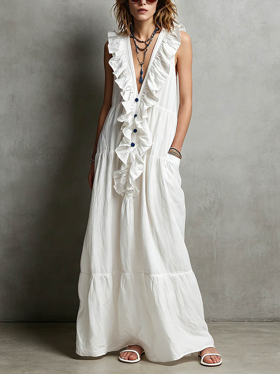 Women's Solid-color V-neck Ruffled Sleeveless Casual Loose Cotton-linen Dress