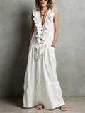 Women's Solid-color V-neck Ruffled Sleeveless Casual Loose Cotton-linen Dress