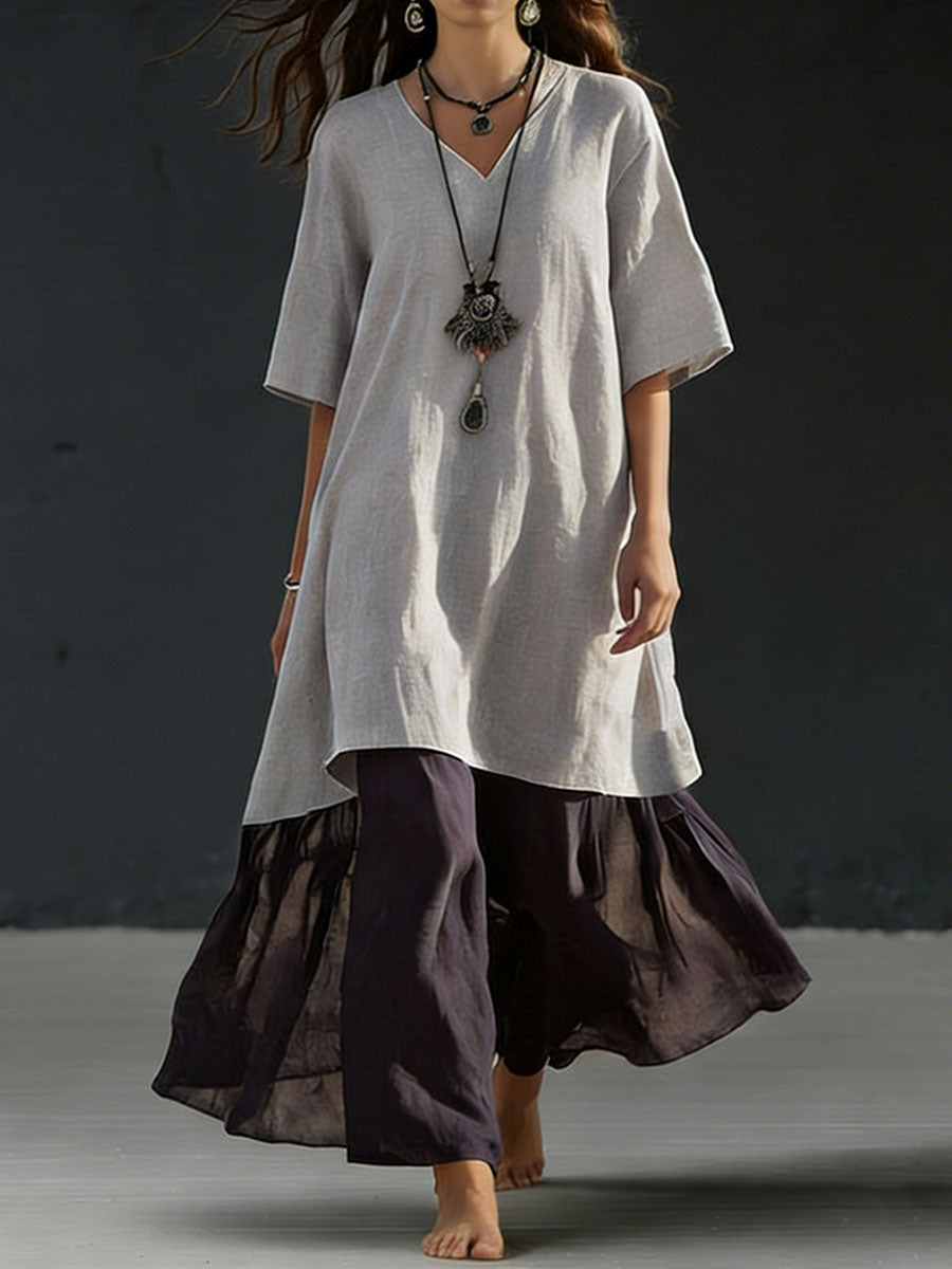 Women's Casual V-neck Three-quarter Sleeve Color-blocked Dress