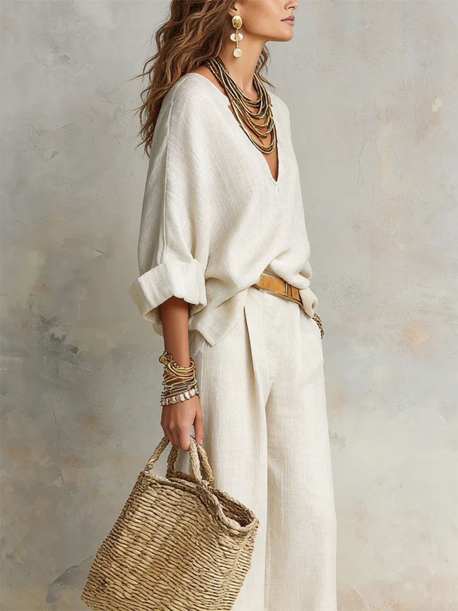 💝💝Cozy Minimalist V-neck Cotton-linen Two-piece Set