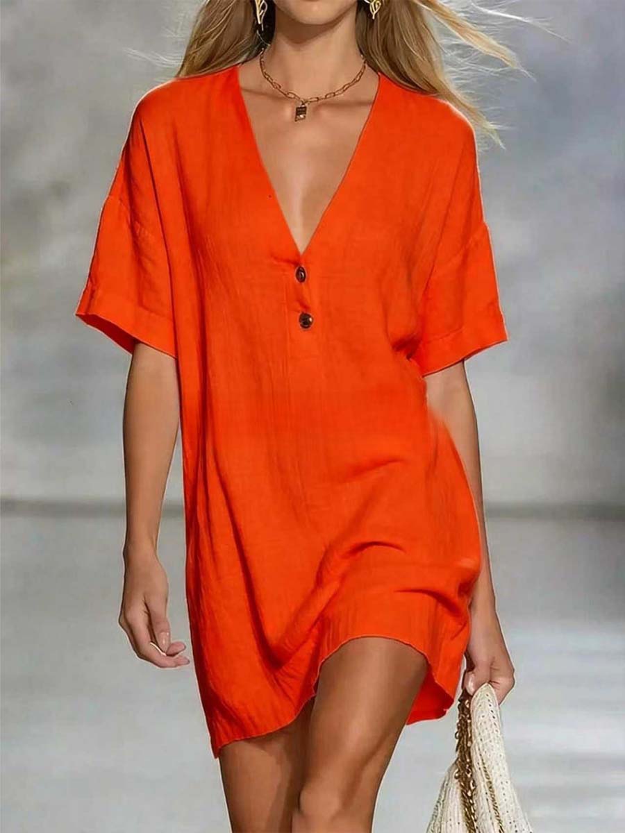 🎁New Arrivals🔥Women's Solid Color Art Casual Sexy V-Collar Short Dress