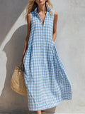 Women's Plaid-print V-neck Sleeveless Casual Loose Cotton-linen Dress