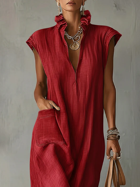 🔥 Women’s Ruffle Collar Cotton Linen Midi Dress 👗✨ Elegant Summer Style 🌸