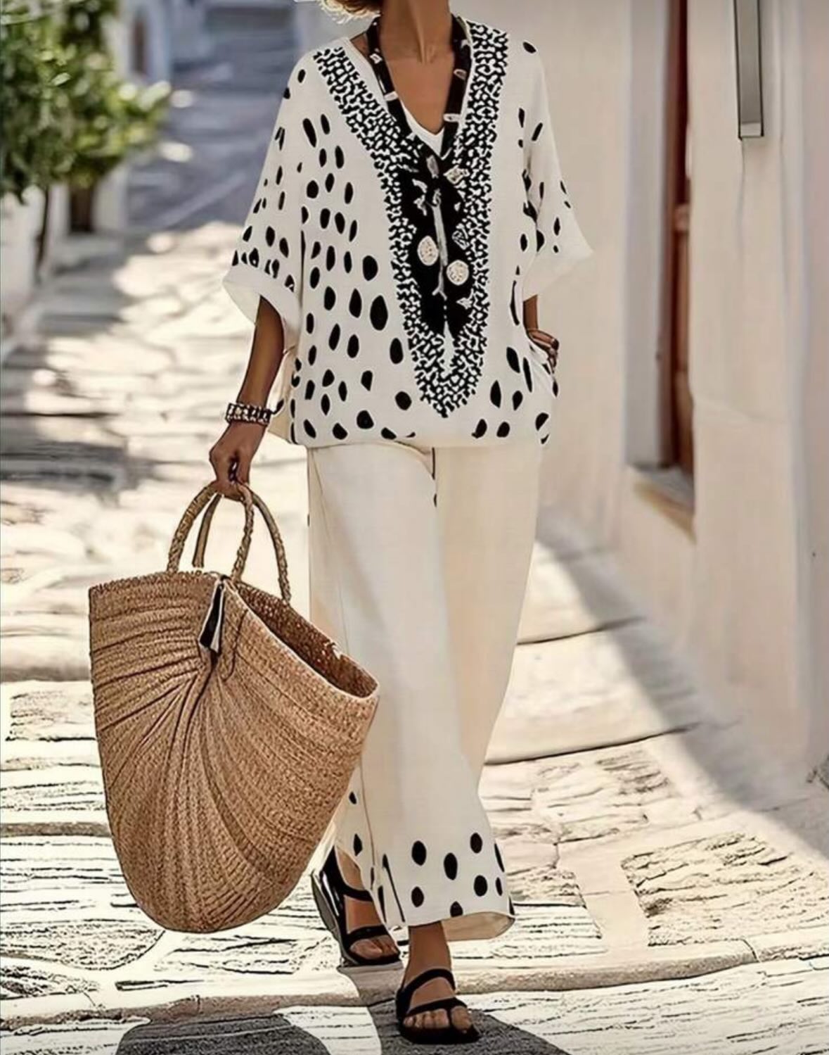 Women's Retro Polka Dot Print Casual Cotton-linen Two-piece Set