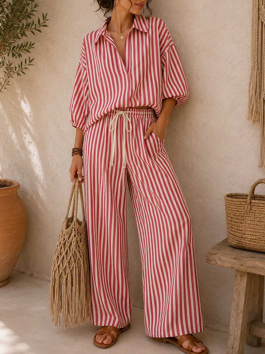 📦📦LAST DAY SAVE 49% ⏰Women's Striped Print Cotton-linen Set: Loose-fit Top With Lapel & 3/4 Sleeves, And High-waisted Wide-leg Pants