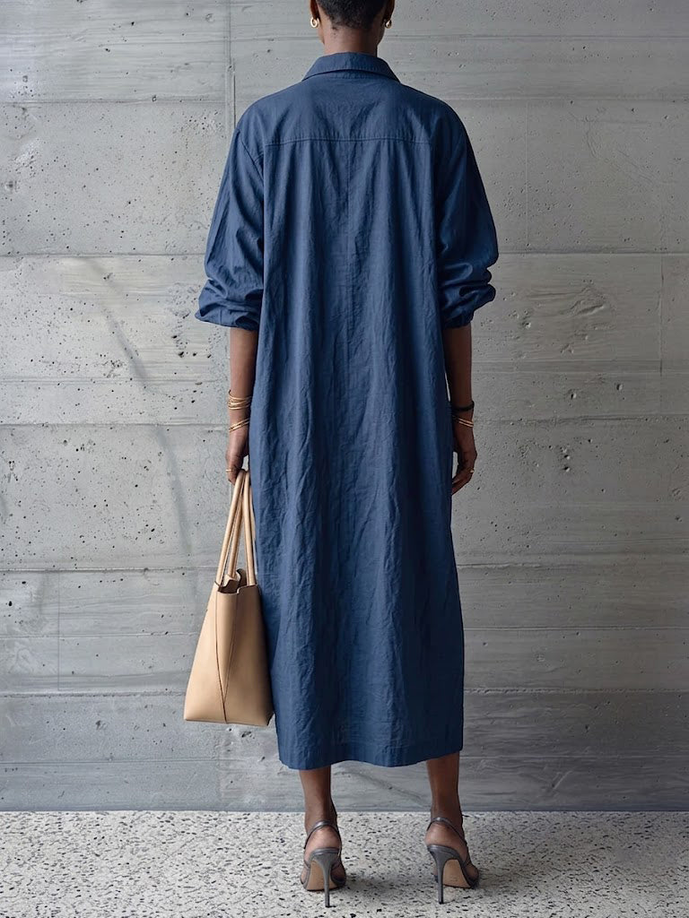 🎁New Arrivals🔥Textured Cotton-linen Frog Button Placket Collar Loose Shirt Midi Dress