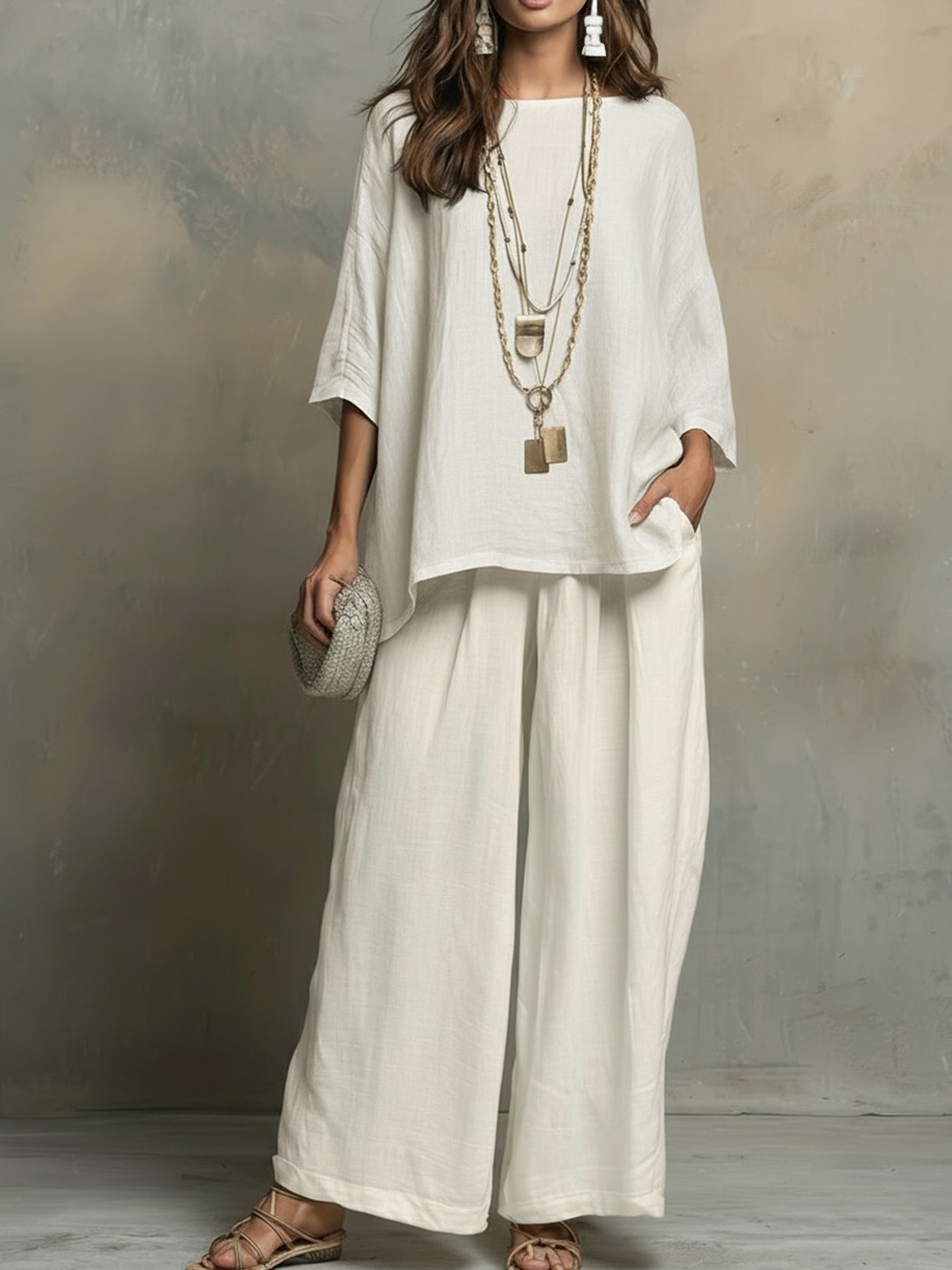 💎💎Cozy Cotton-linen Irregular Top And Wide-leg Pants Two-piece Set