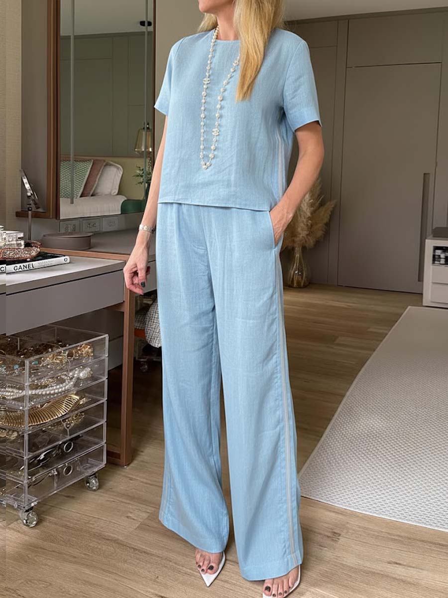 Women's Round Neck Short Sleeve Casual Loose Top High Waist Casual Loose Wide Leg Pants Cotton Linen Set