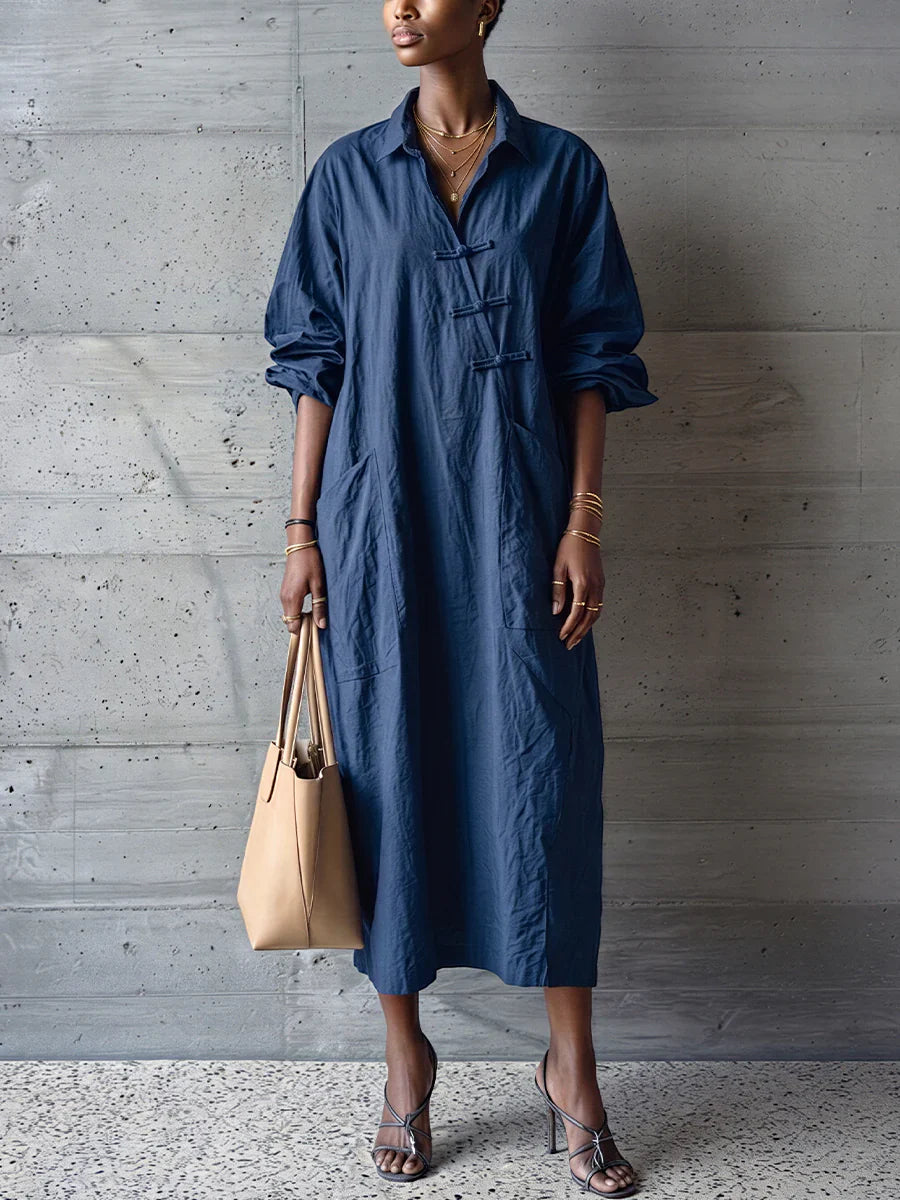 🎁New Arrivals🔥Textured Cotton-linen Frog Button Placket Collar Loose Shirt Midi Dress
