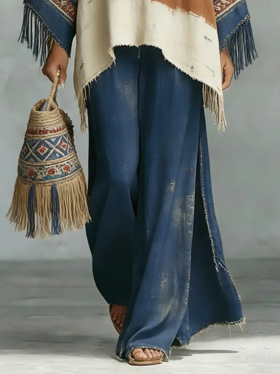 Women's Vintage Ethnic Pattern Art Print Casual Wide-leg Pants Two-piece Denim Suits