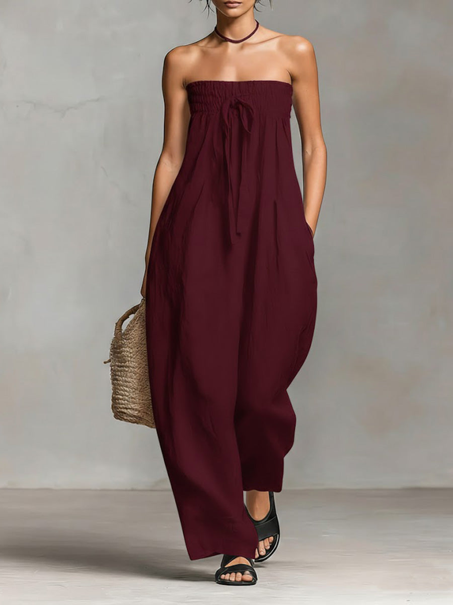 💖 Summer Strapless Cotton Linen Jumpsuit 👗🌸 Relaxed & Stylish