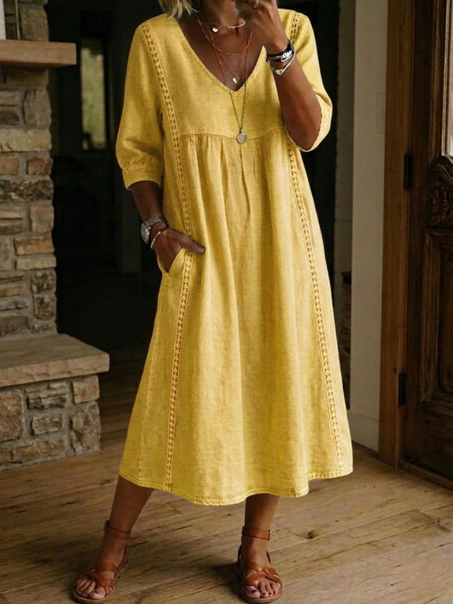📦📦Casual Loose-fitting Patchwork Lace Trim Linen And Cotton Dress