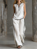 Free Shipping-Cozy Black-trimmed Linen And Cotton Sleeveless Top And Pants Two-piece Set