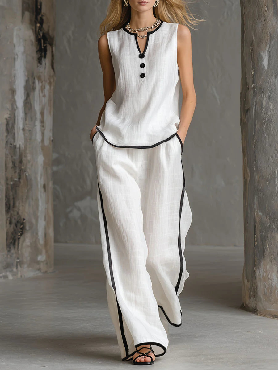 Free Shipping-Cozy Black-trimmed Linen And Cotton Sleeveless Top And Pants Two-piece Set