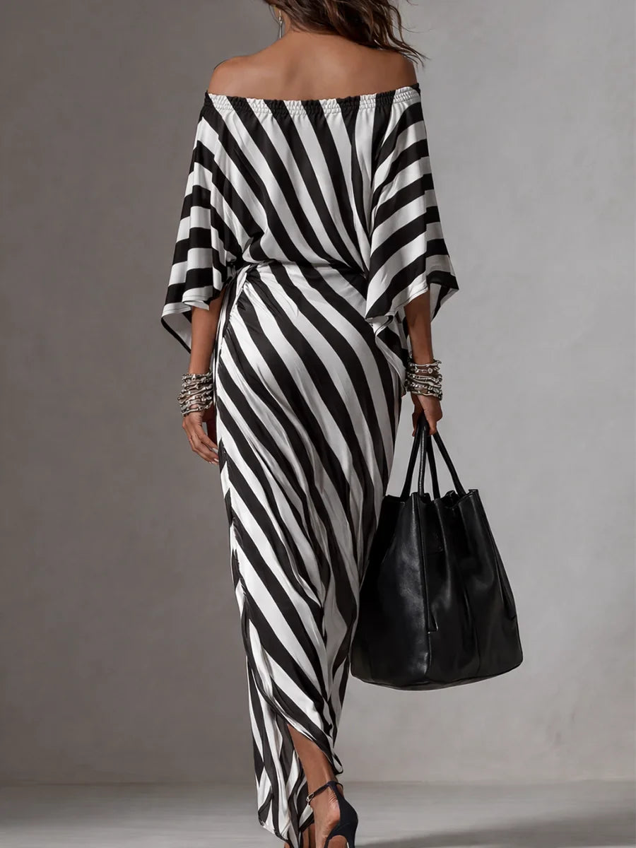 Women's Retro Statement Monochrome Stripe Asymmetric Maxi Dress