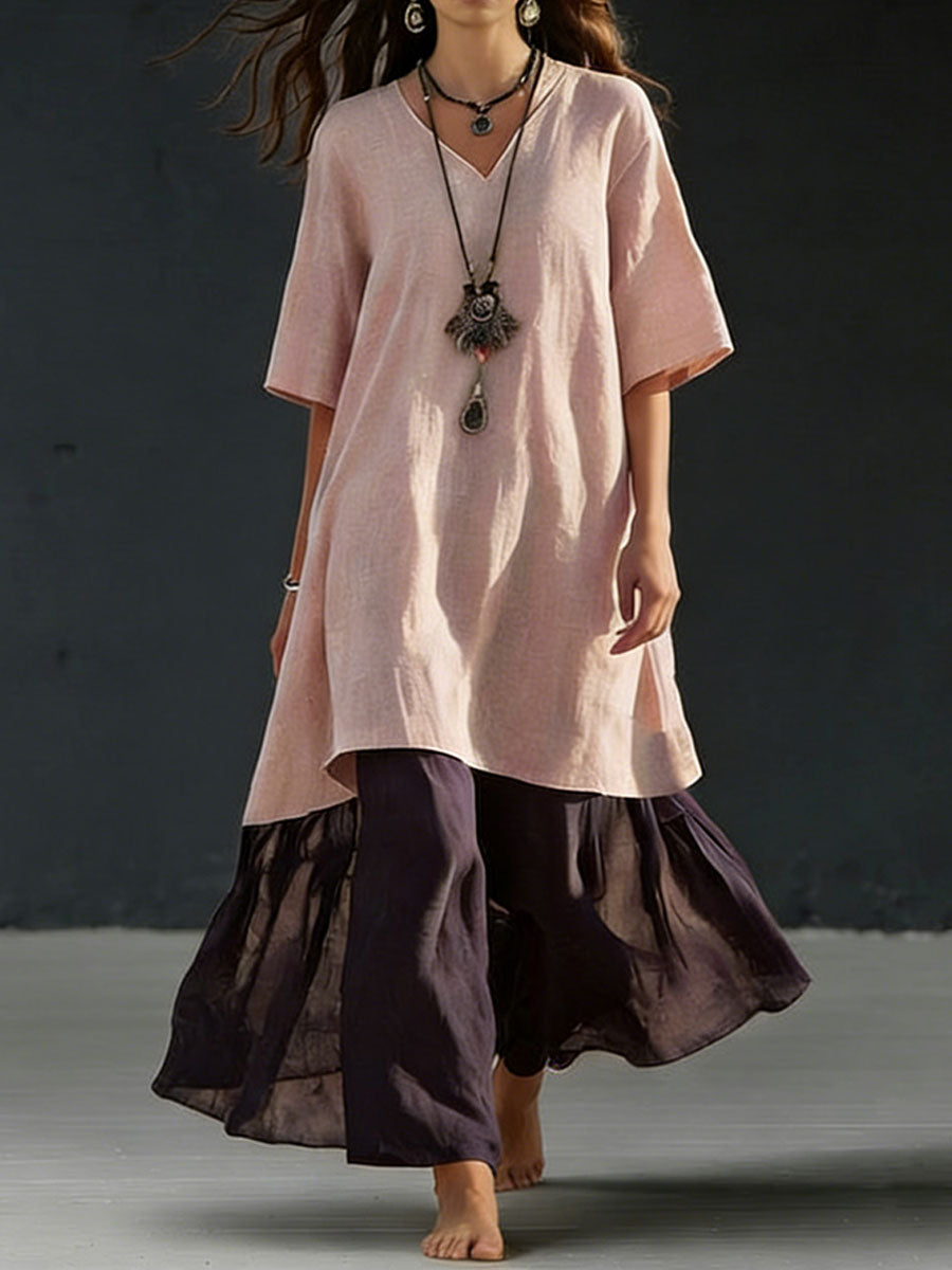 Women's Casual V-neck Three-quarter Sleeve Color-blocked Dress
