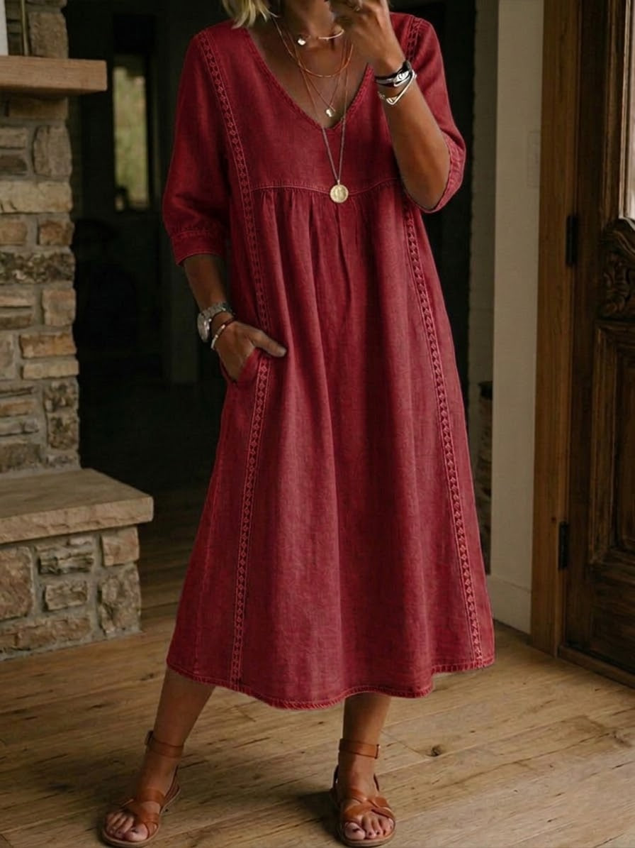 📦📦Casual Loose-fitting Patchwork Lace Trim Linen And Cotton Dress